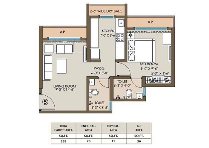 1 BHK apartment layout plan at Mayfair Virar Gardens